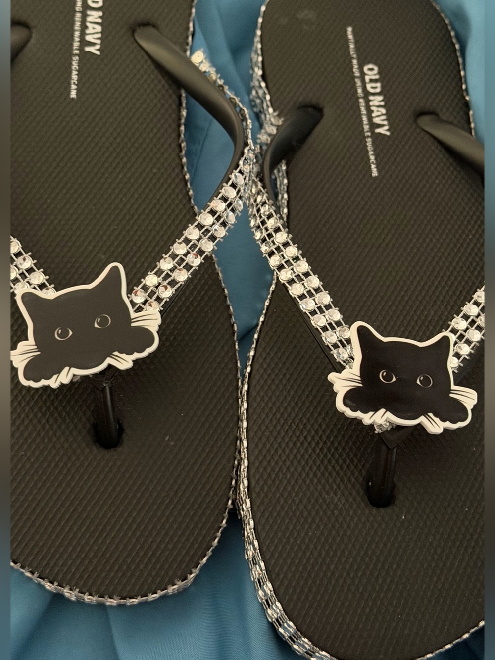 Black Cat Flip Flop Sandals - Black with Rhinestone Straps
